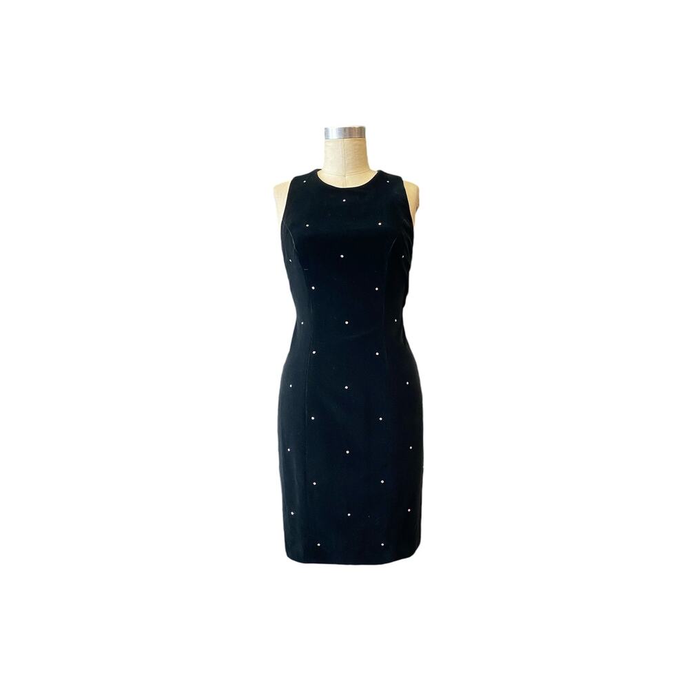vintage 1990s black velvet dress with rhinestones and criss cross open back, sm